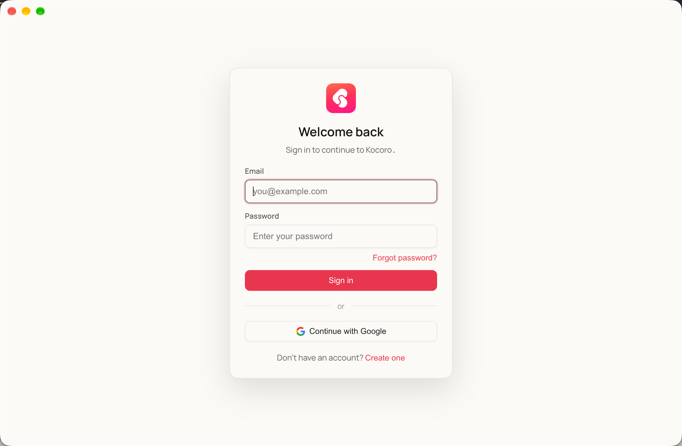Kocoro sign-in screen — Create one link at the bottom