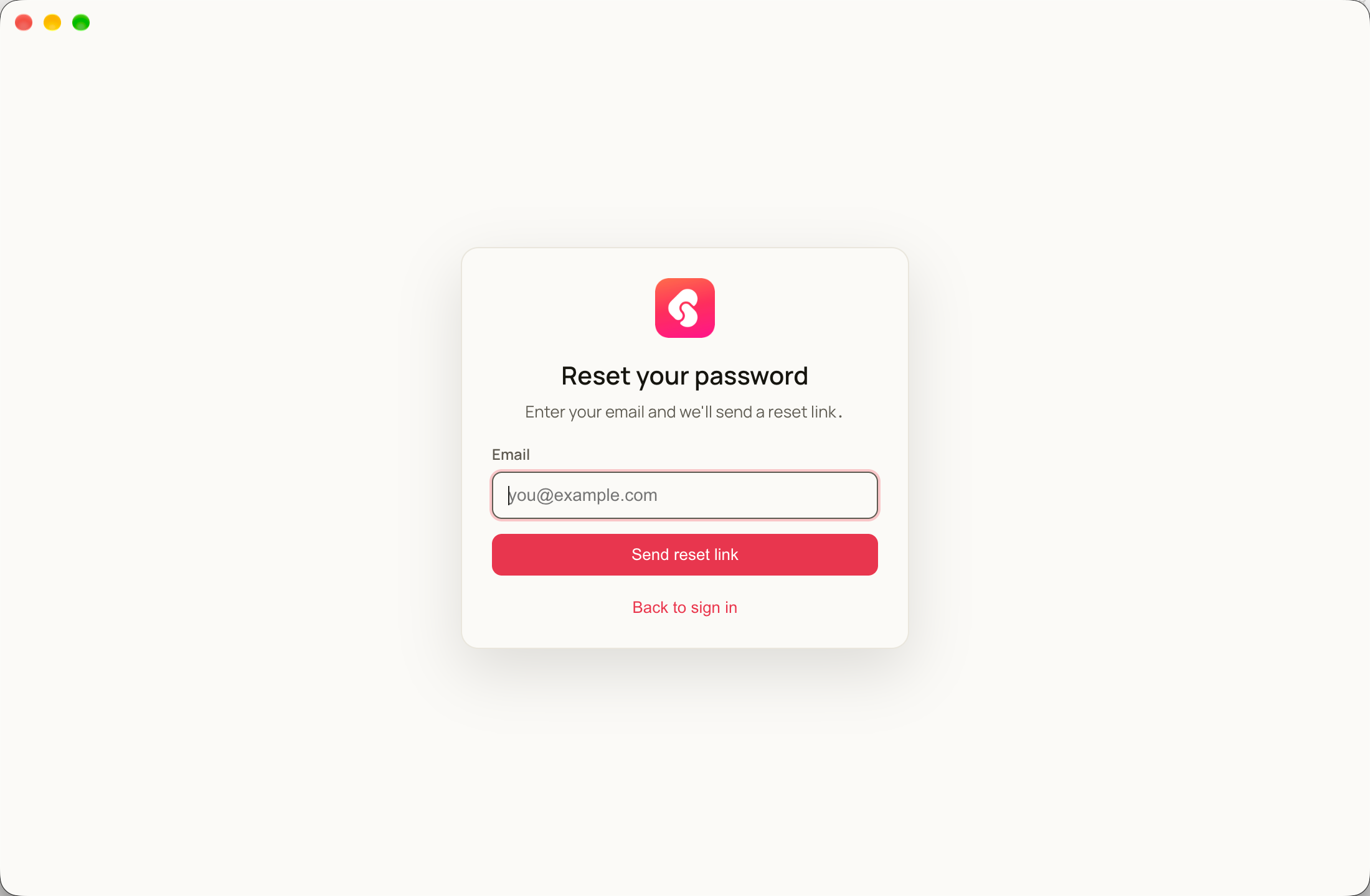 Reset your password screen — email field and Send reset link button