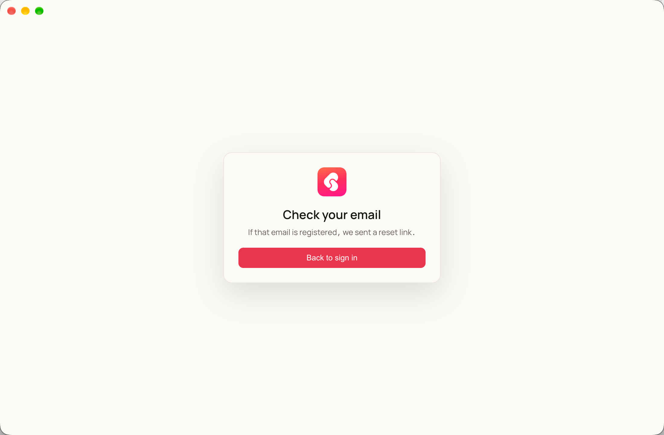 Check your email screen — confirmation that a reset link was sent