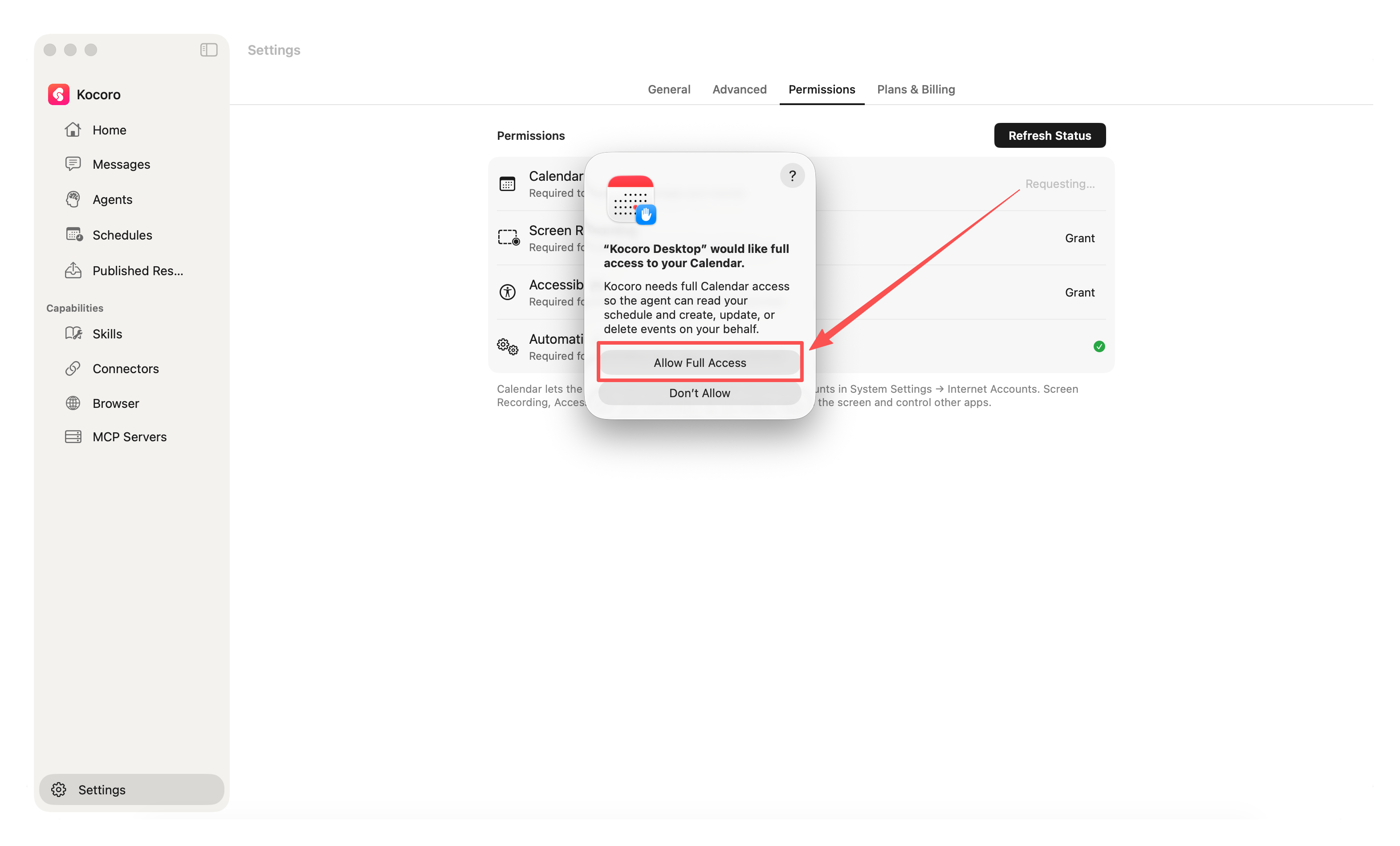 macOS system prompt asking for full Calendar access, with Allow Full Access highlighted