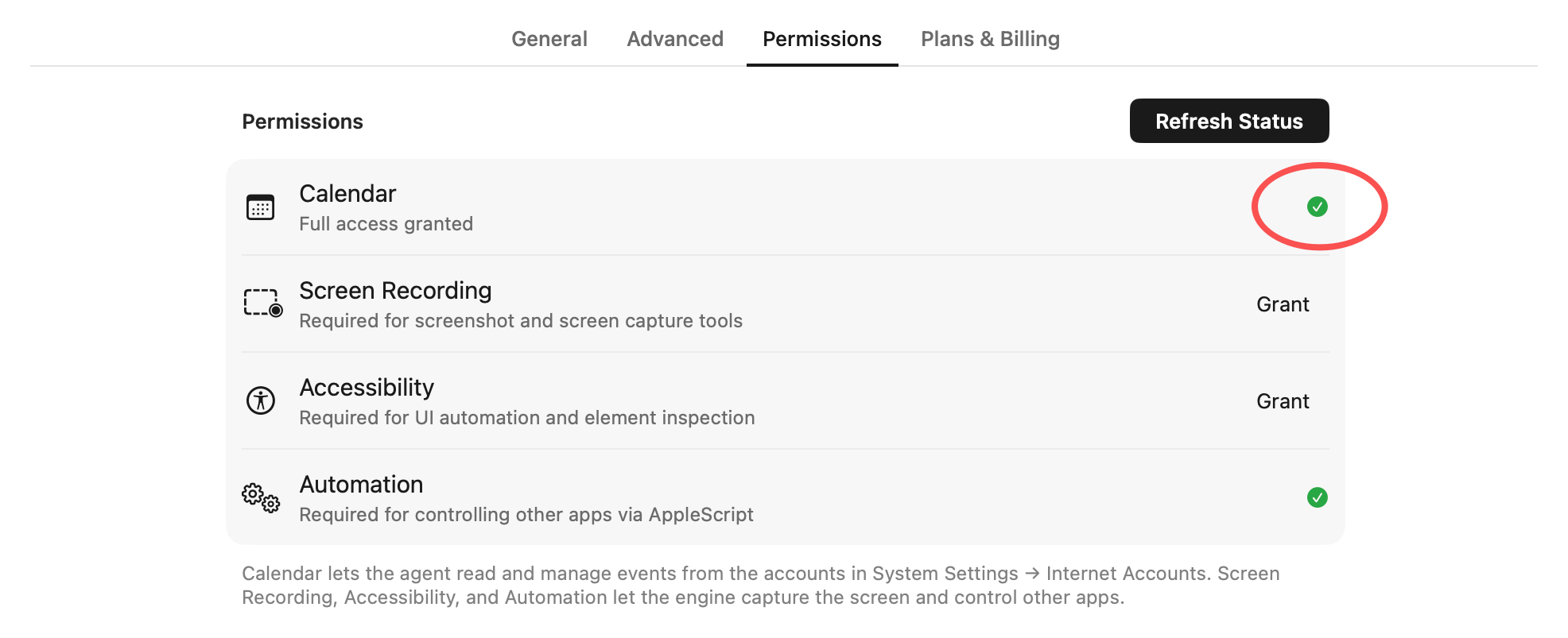 Calendar permission showing “Full access granted” with a green check