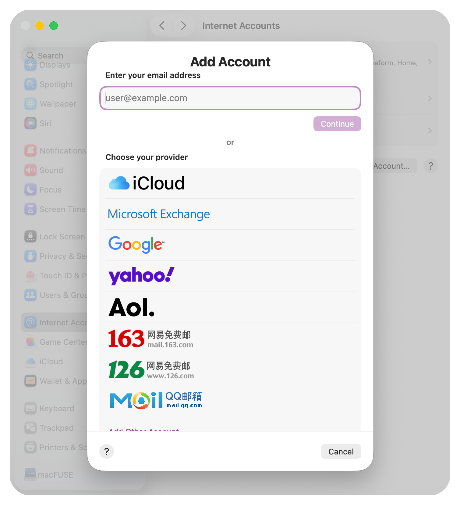 List of calendar providers to choose from in Internet Accounts