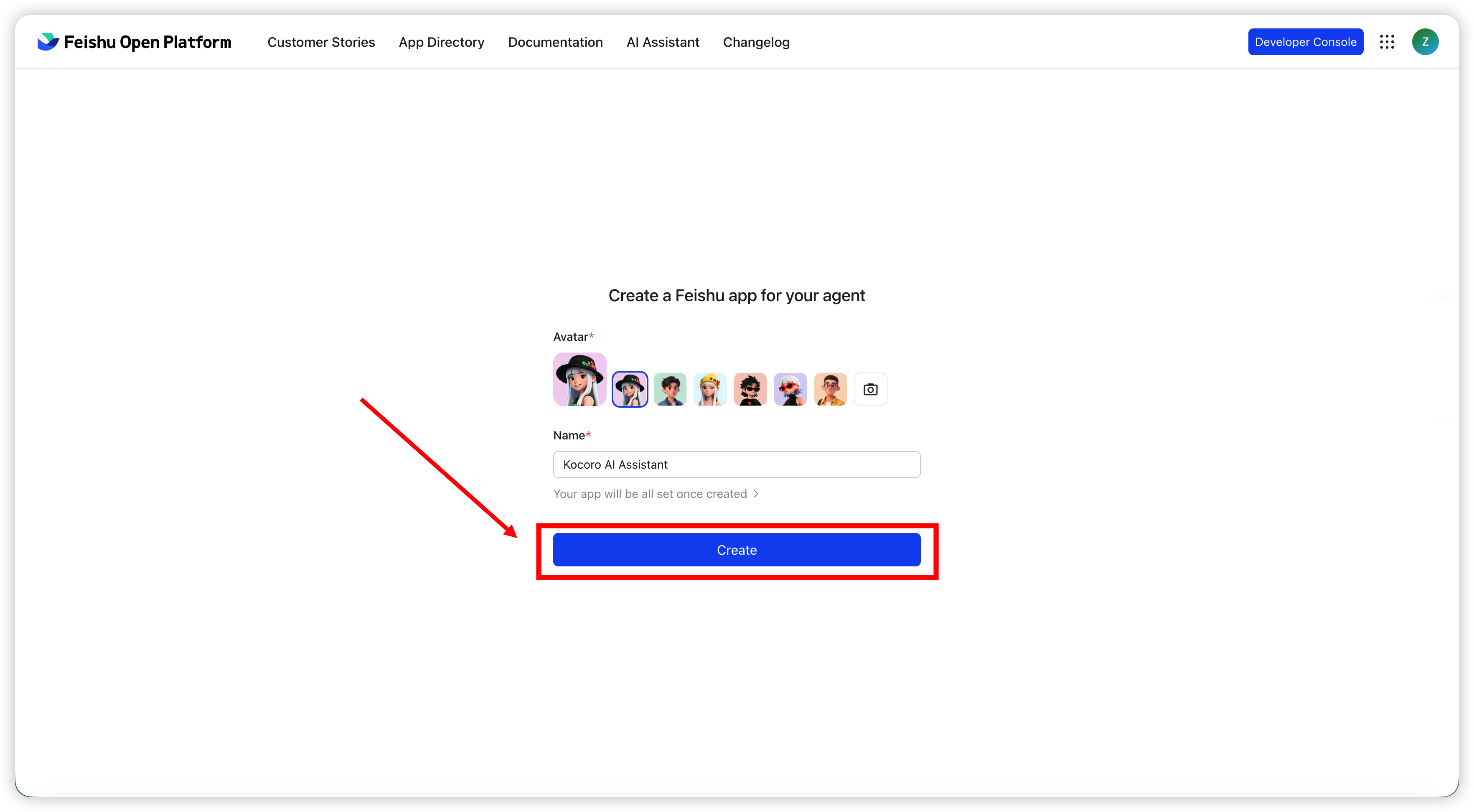 Fig. 1 — Create an agent app on the developer platform.