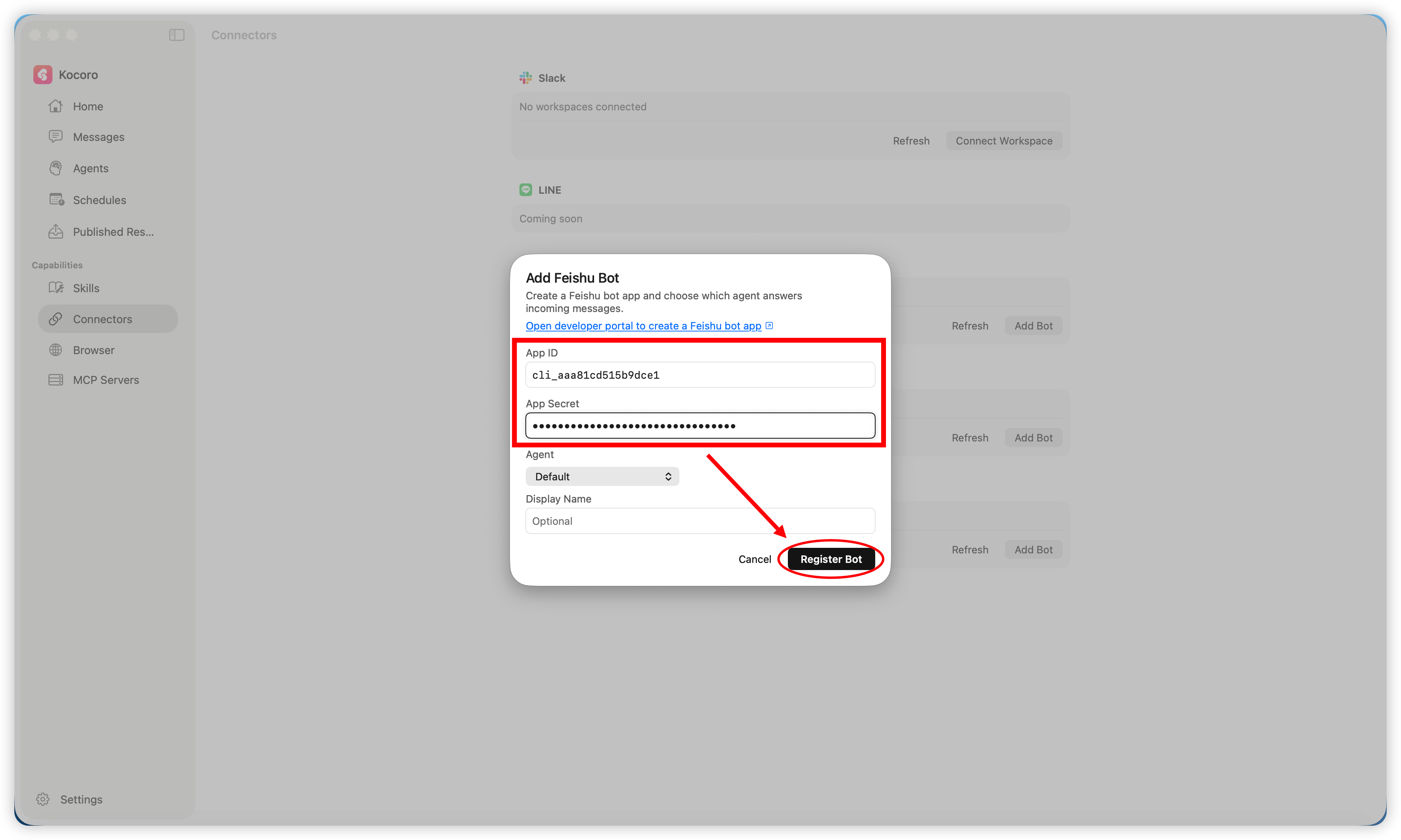Fig. 3 — Paste the credentials and register the bot in Kocoro.