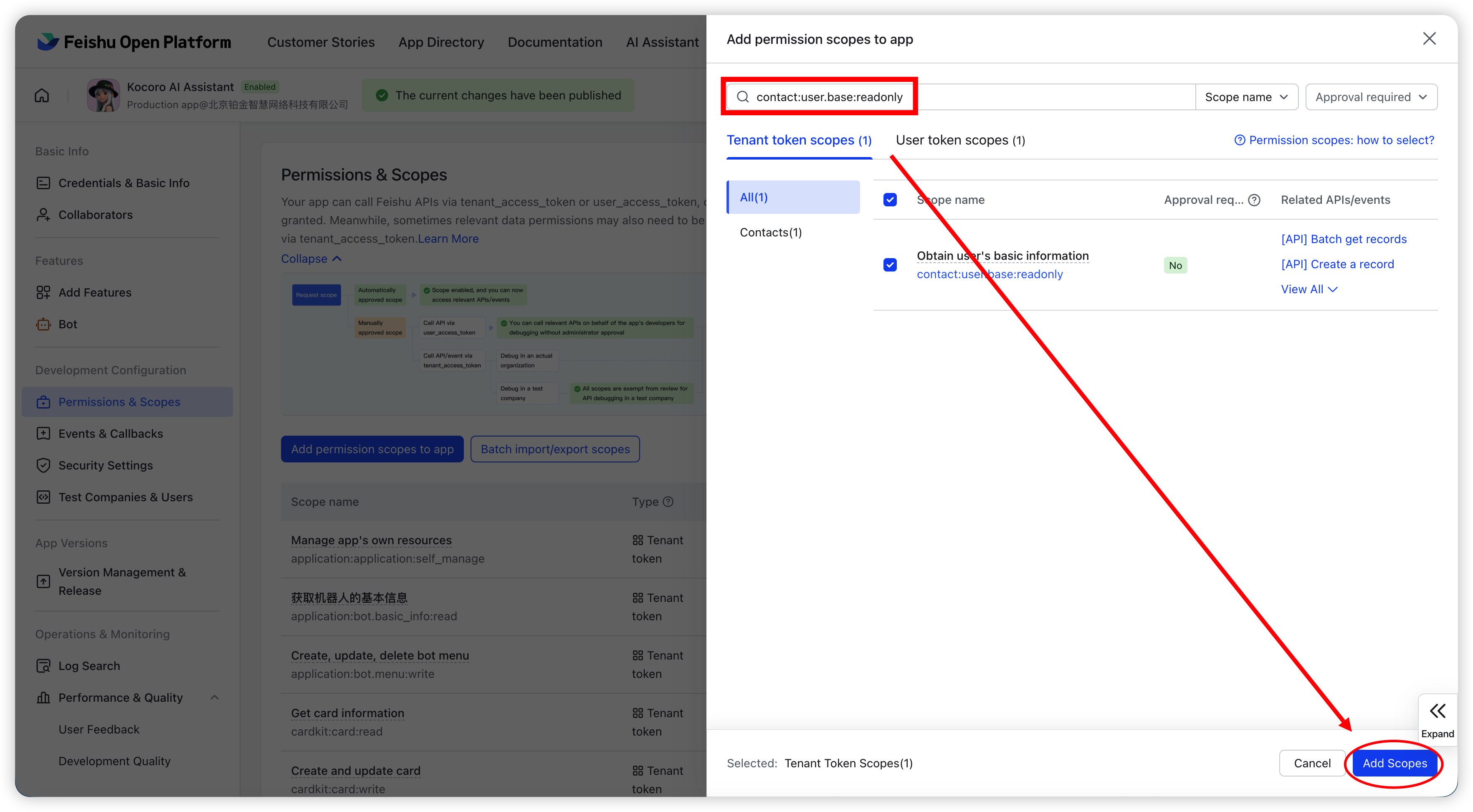 Fig. 5 — Add the "Obtain user's basic information" scope.