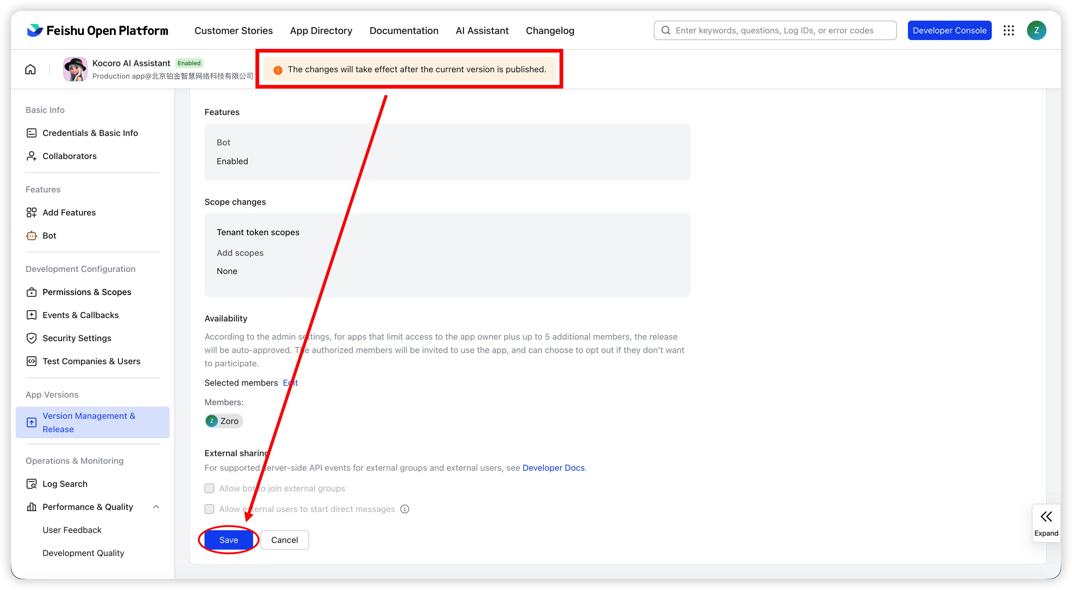 Fig. 6 — Save and publish the app under Version Management & Release.