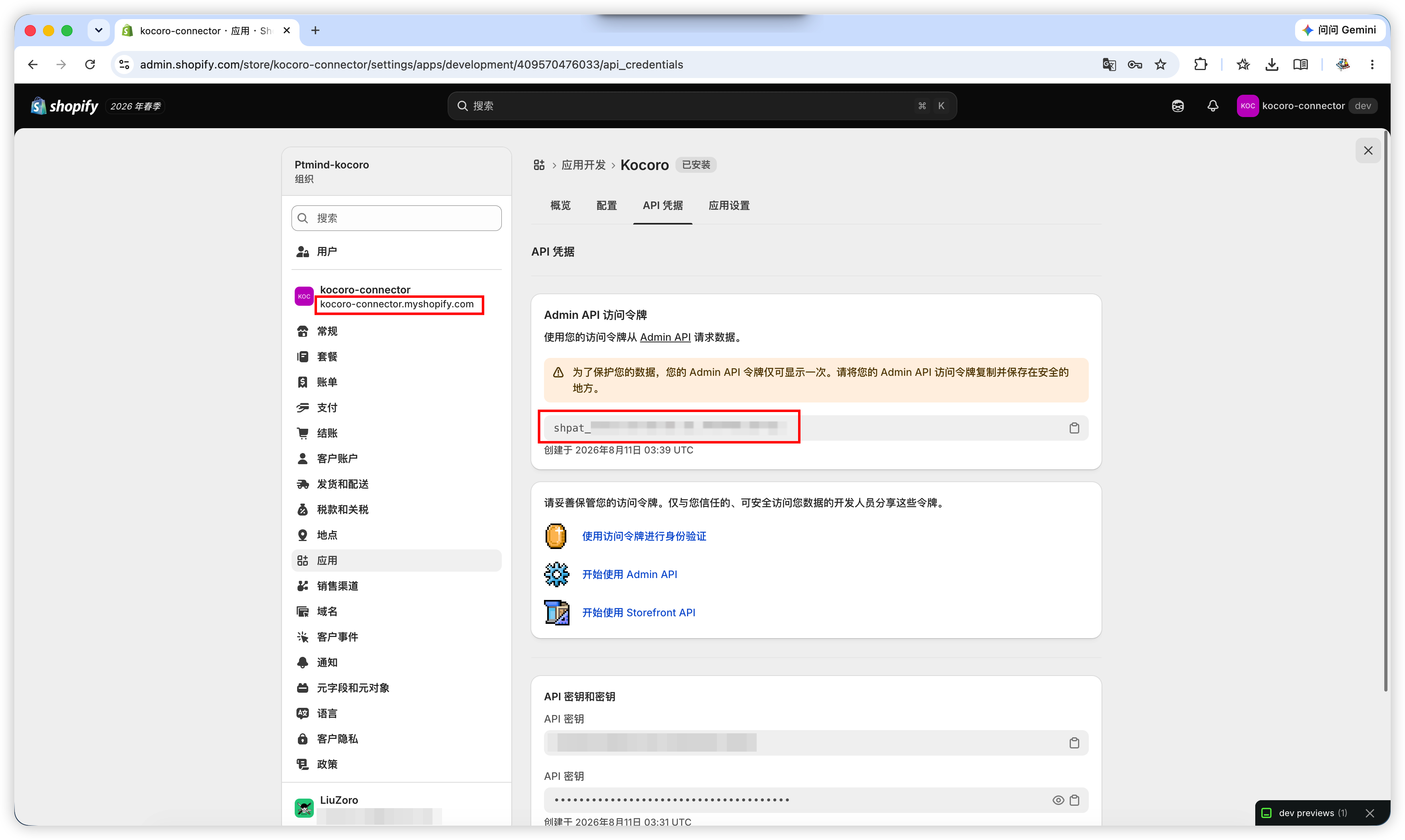 Fig. 8 — Copy the access token and note the store domain.