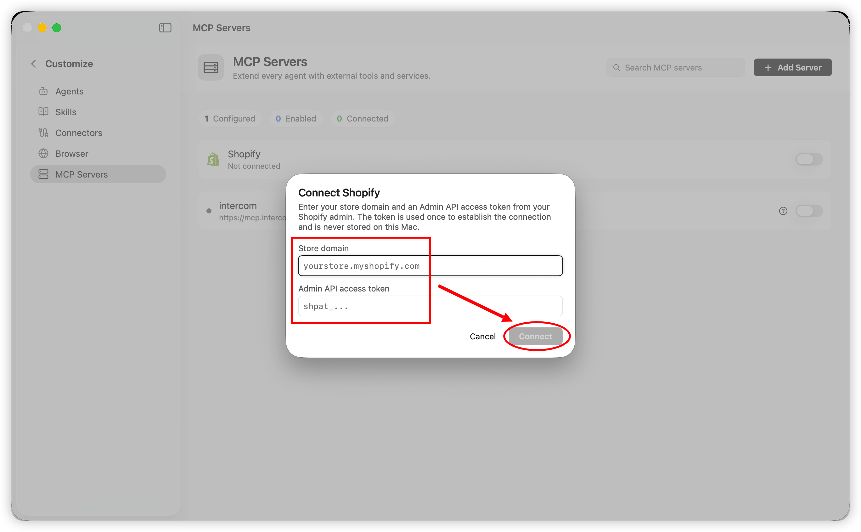 Fig. 9 — Enter the store domain and token in Kocoro, then connect.