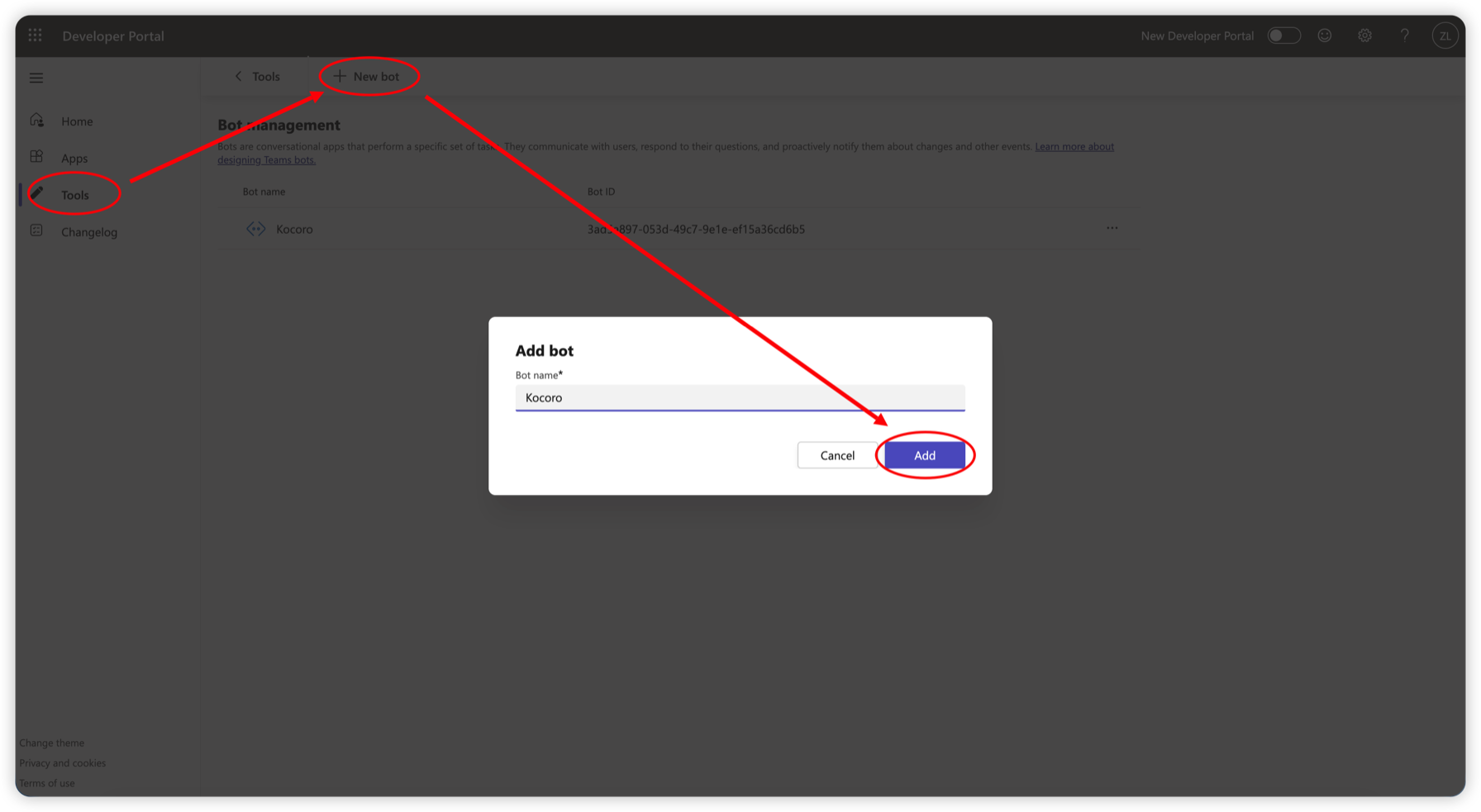 Fig. 1 — Create a bot under Tools → Bot management.