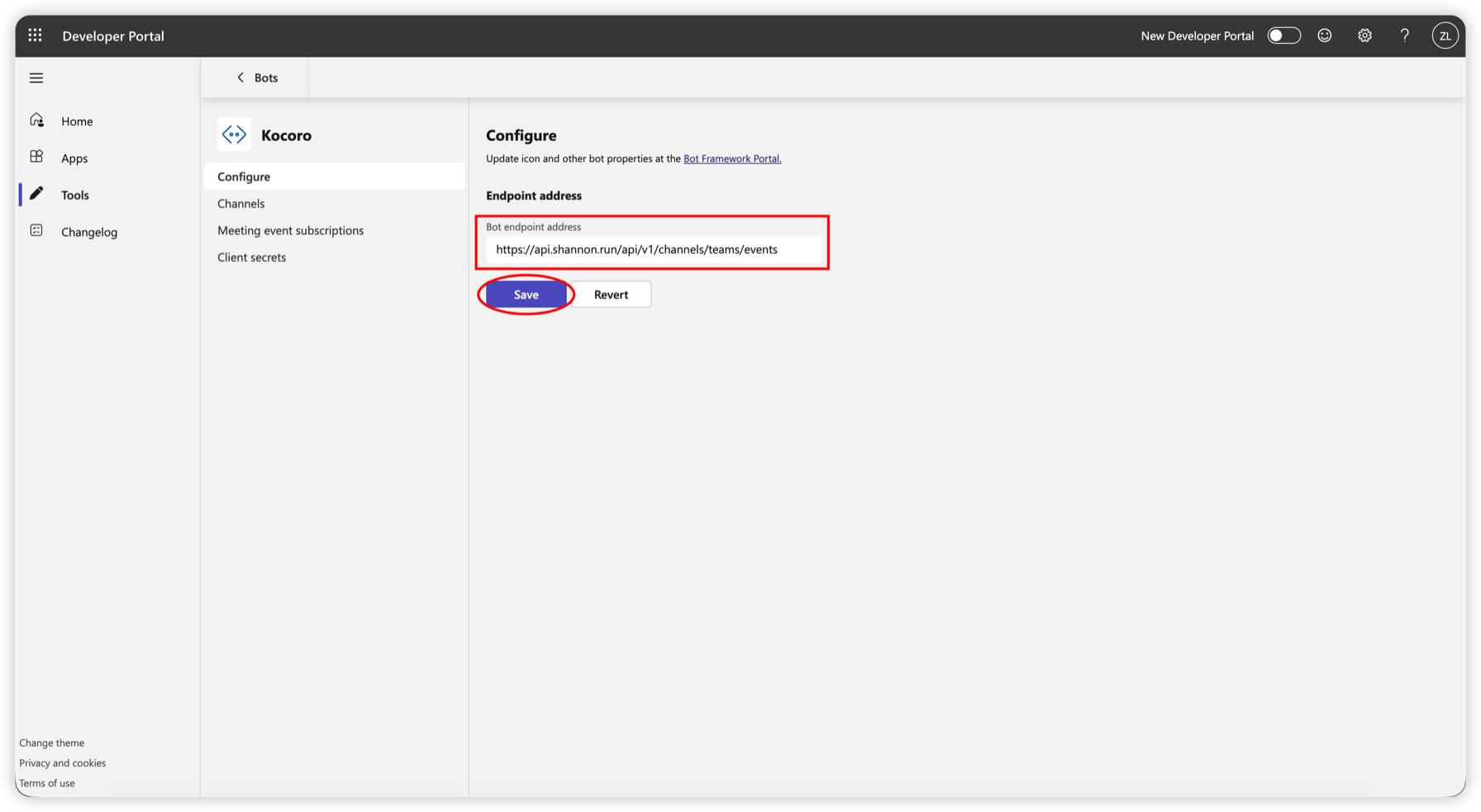 Fig. 2 — Set the bot's messaging endpoint and save.