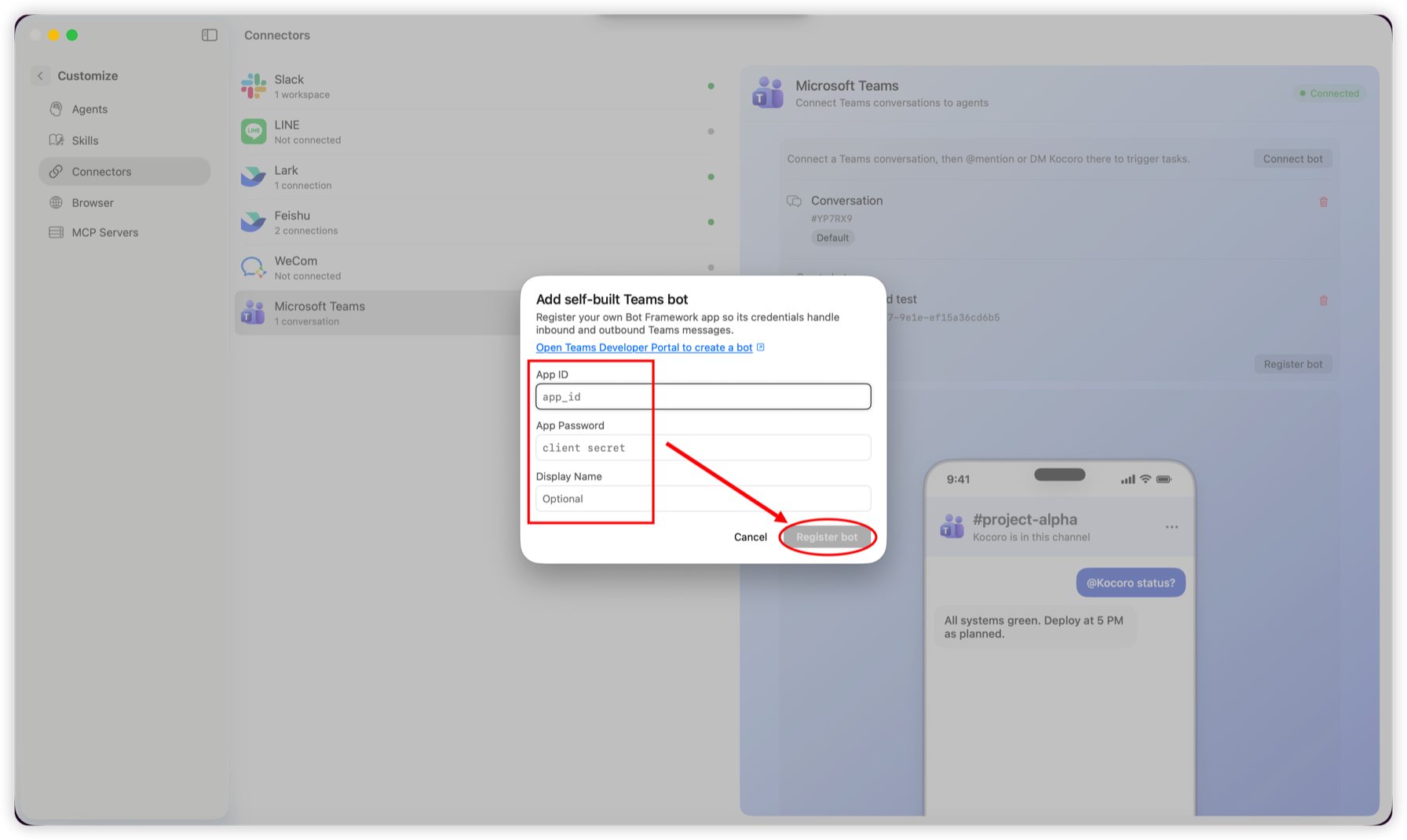 Fig. 4 — Paste the credentials and register the bot in Kocoro.