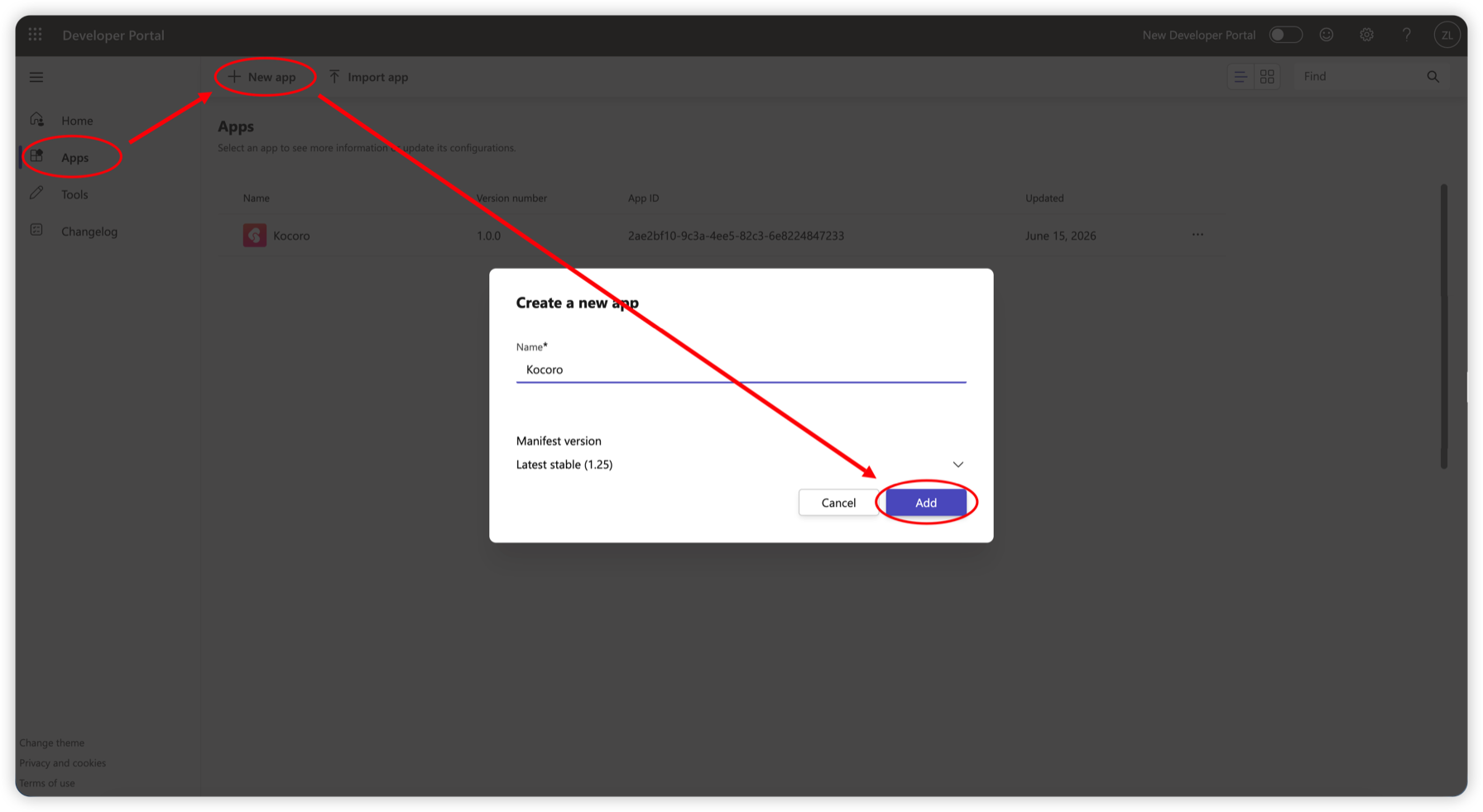 Fig. 5 — Create a new app under Apps.