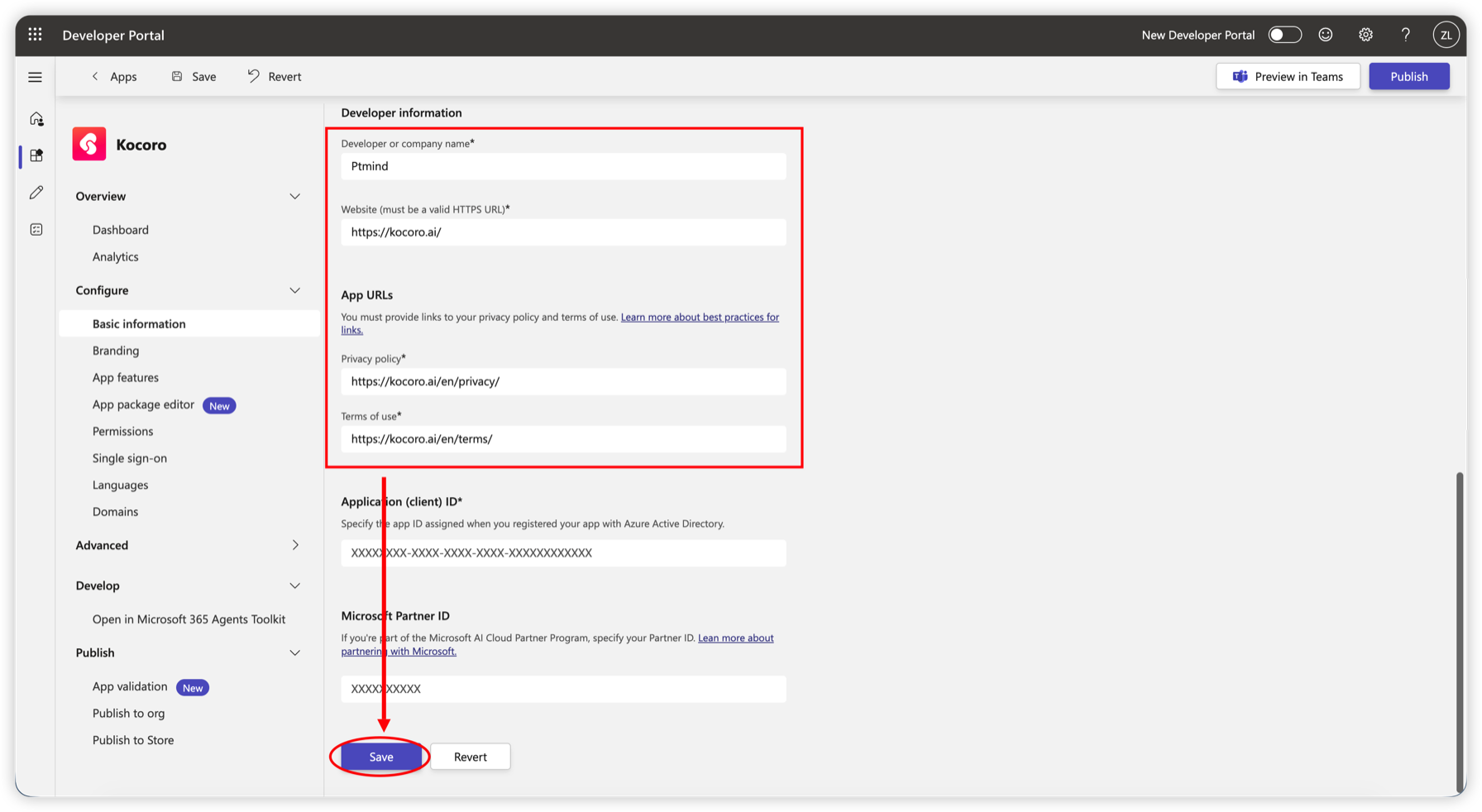 Fig. 7 — Add developer information and app URLs, then save.