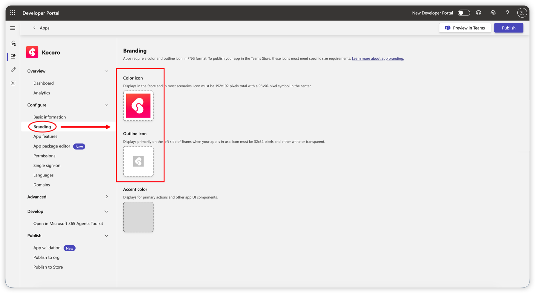 Fig. 8 — Upload the color and outline icons under Branding.
