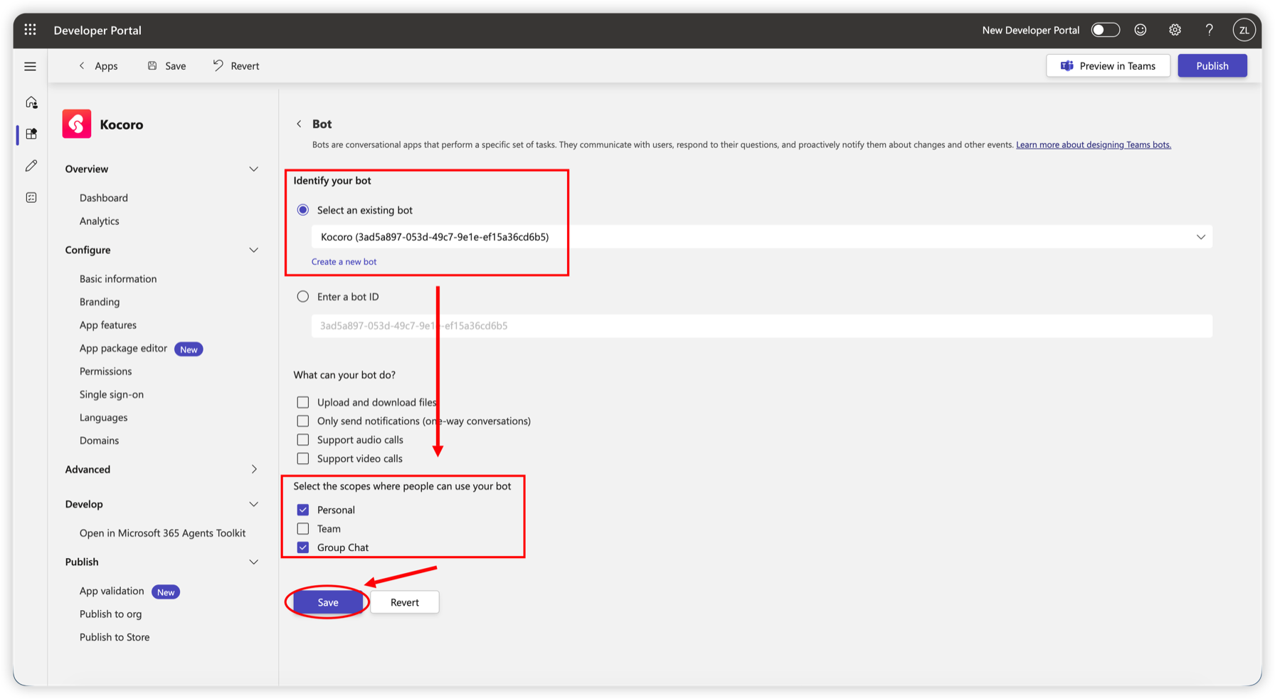 Fig. 10 — Select your existing bot, choose the scopes, then save.