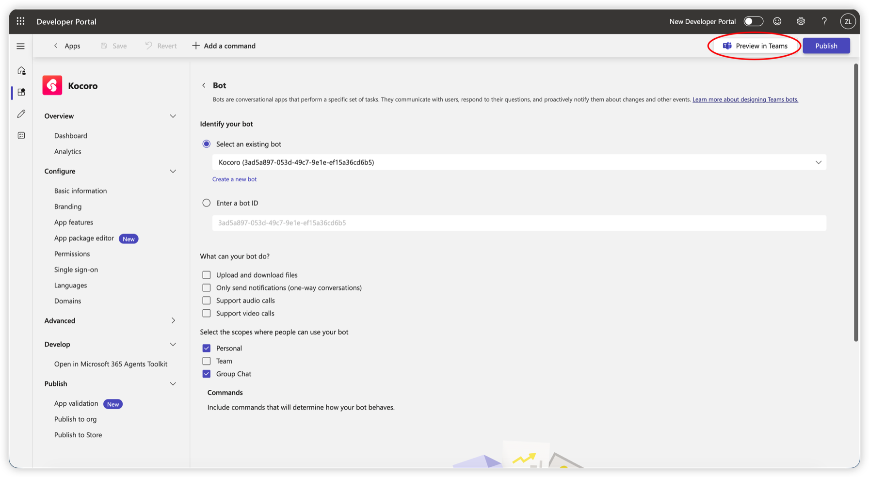Fig. 11 — Click "Preview in Teams" to install and test.